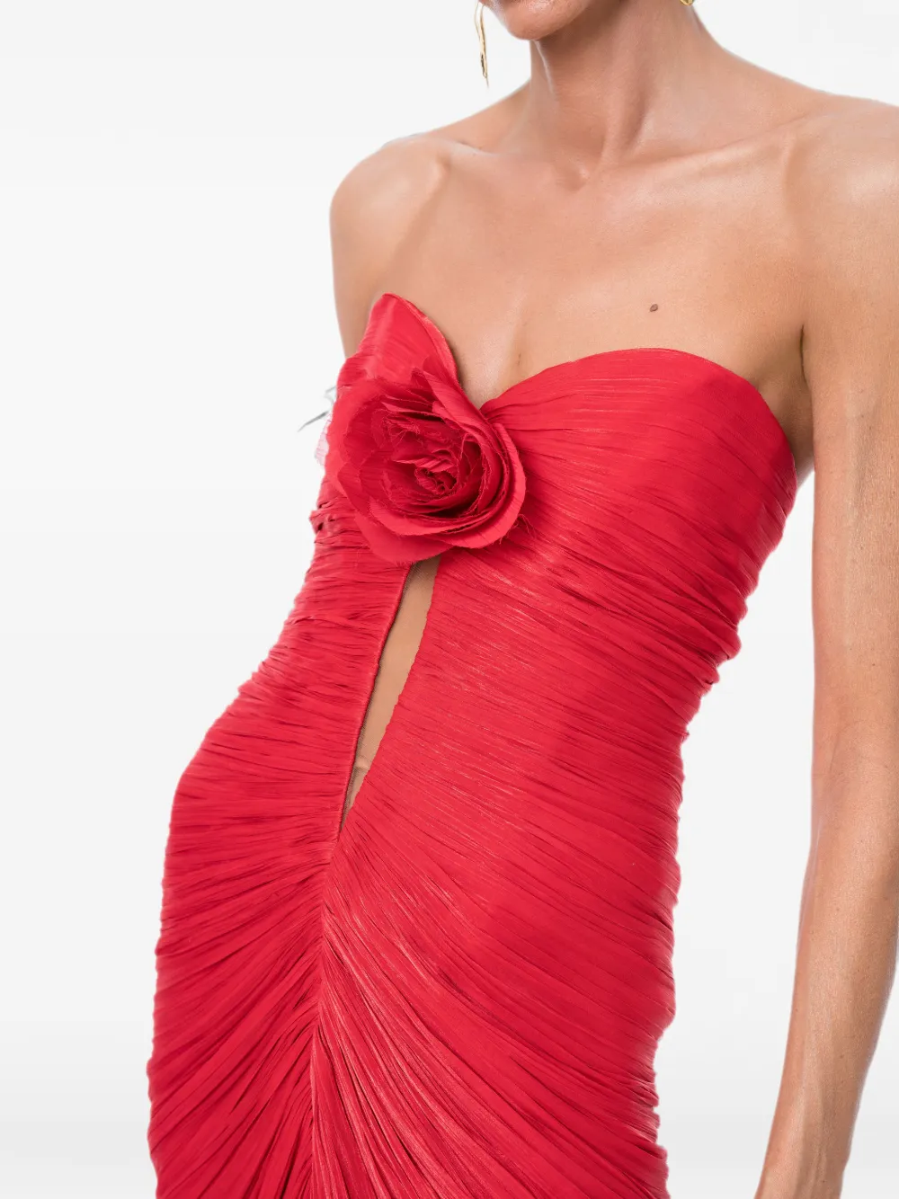 Ana Radu Avondjurk met ruches en bloemdetail Rood