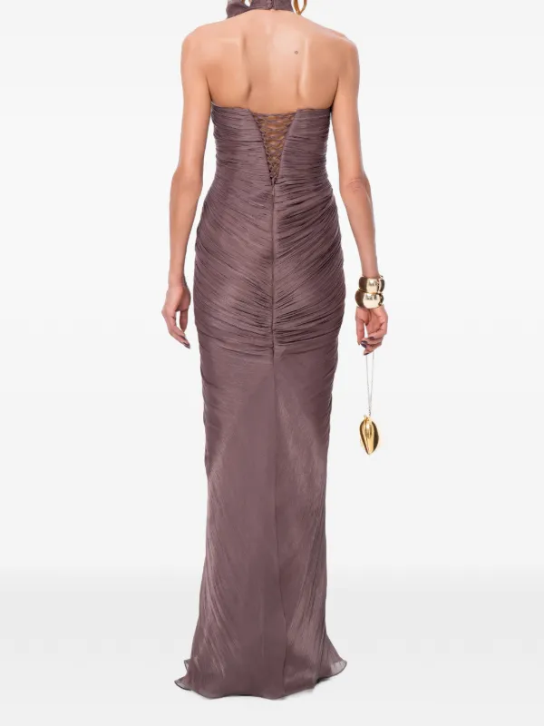 ana pleated maxi dress Ana Radu floral-detail Pleated Maxi Gown | Brown