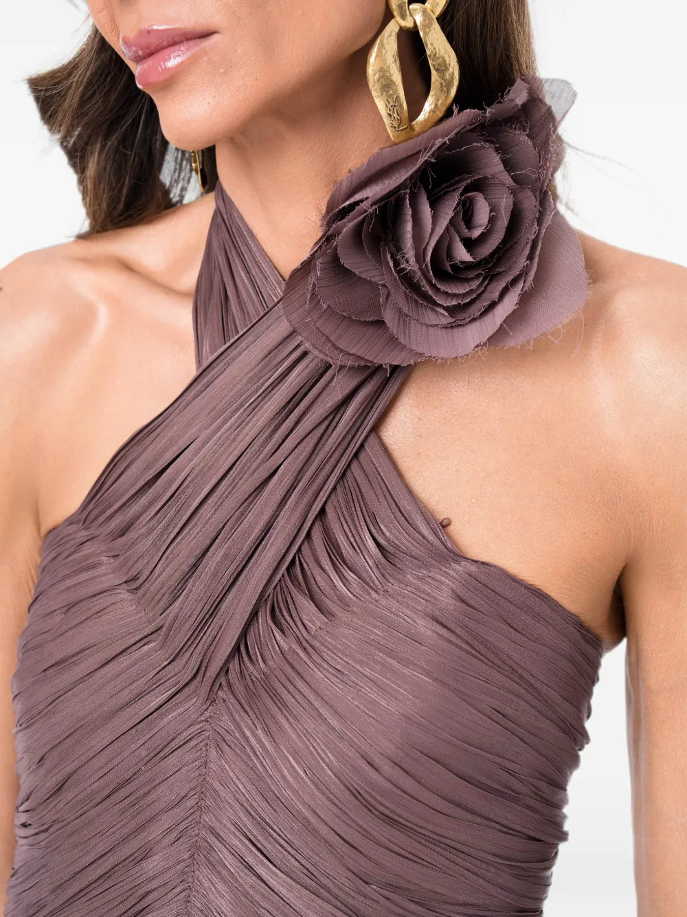 Ana Radu Geplooide maxi-avondjurk met bloemendetail Bruin