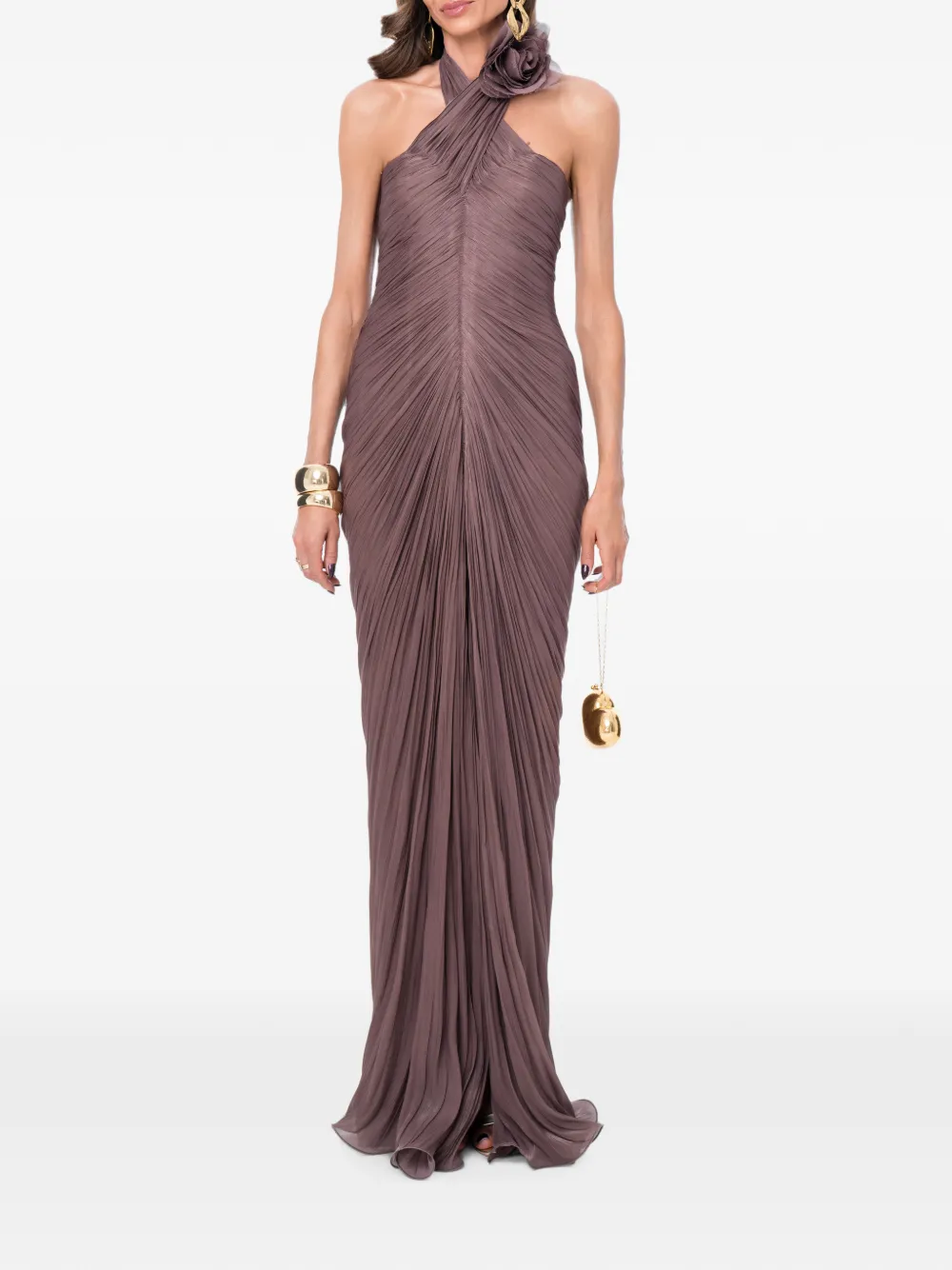 Ana Radu floral-detail pleated maxi gown - Marrone