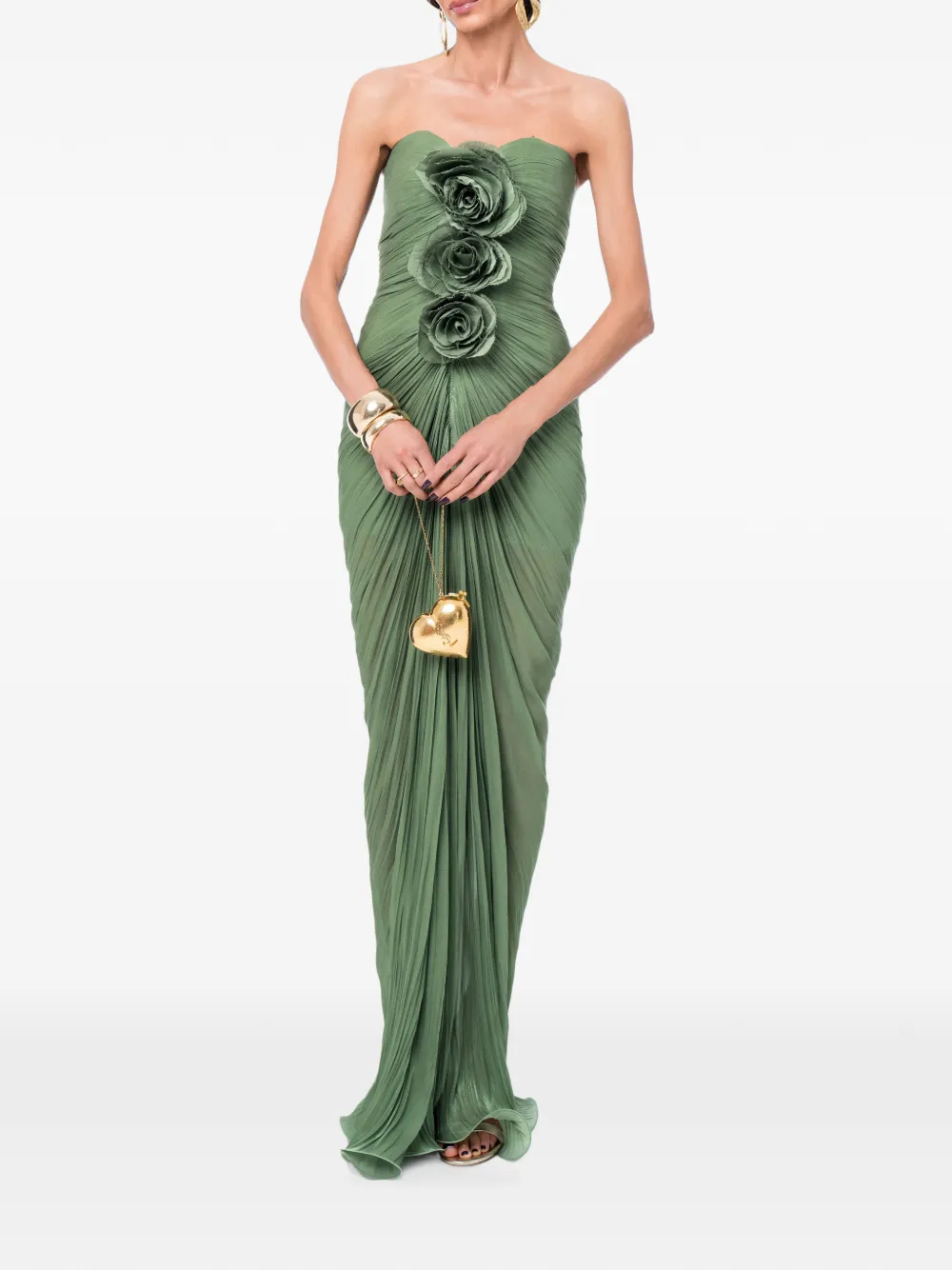 Ana Radu Maxi-jurk met ruches en bloemen-detail Groen