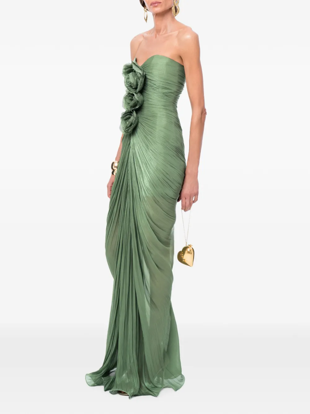 Ana Radu Maxi-jurk met ruches en bloemen-detail Groen