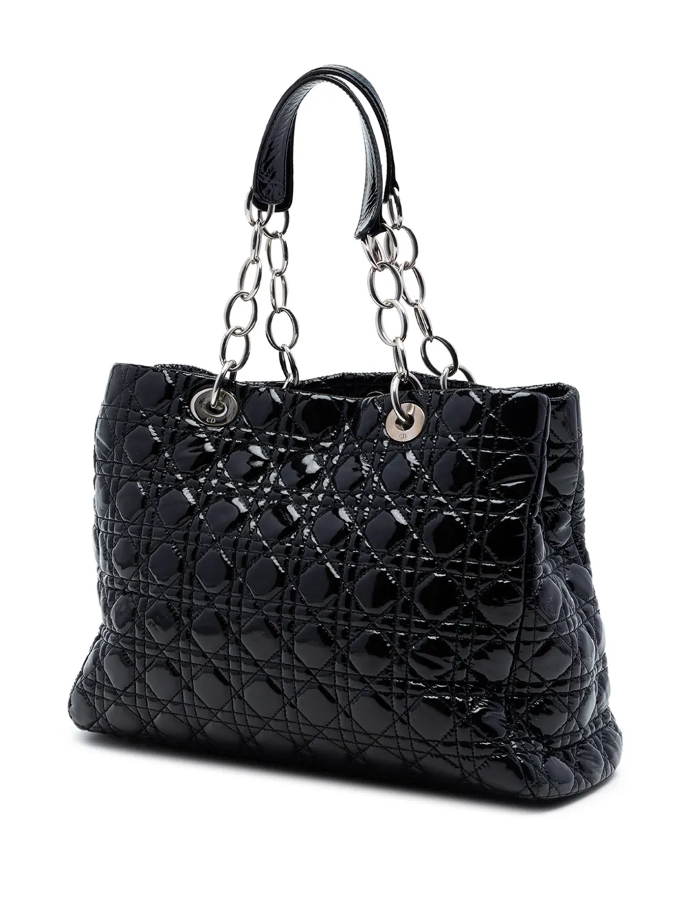 Dior Pre-owned 2010 Large Patent Cannage Lady Dior Soft Shopping Tote Bag in Black, view 3