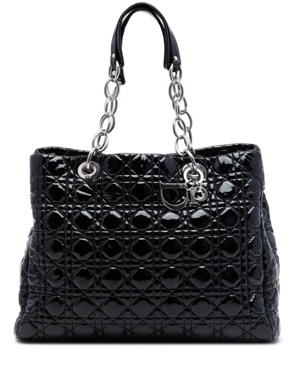 Dior Pre-owned 2010 Large Patent Cannage Lady Dior Soft Shopping Tote Bag in Black