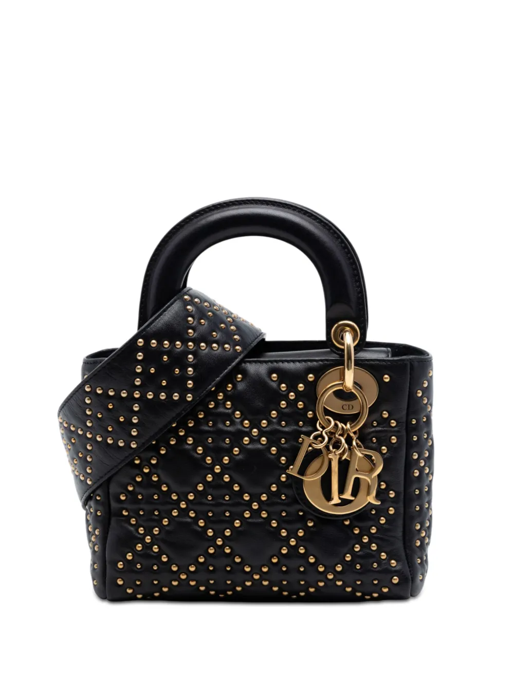 Christian Dior Pre-Owned 2017 Mini Lambskin Cannage Studded Supple Lady Dior satchel - Black