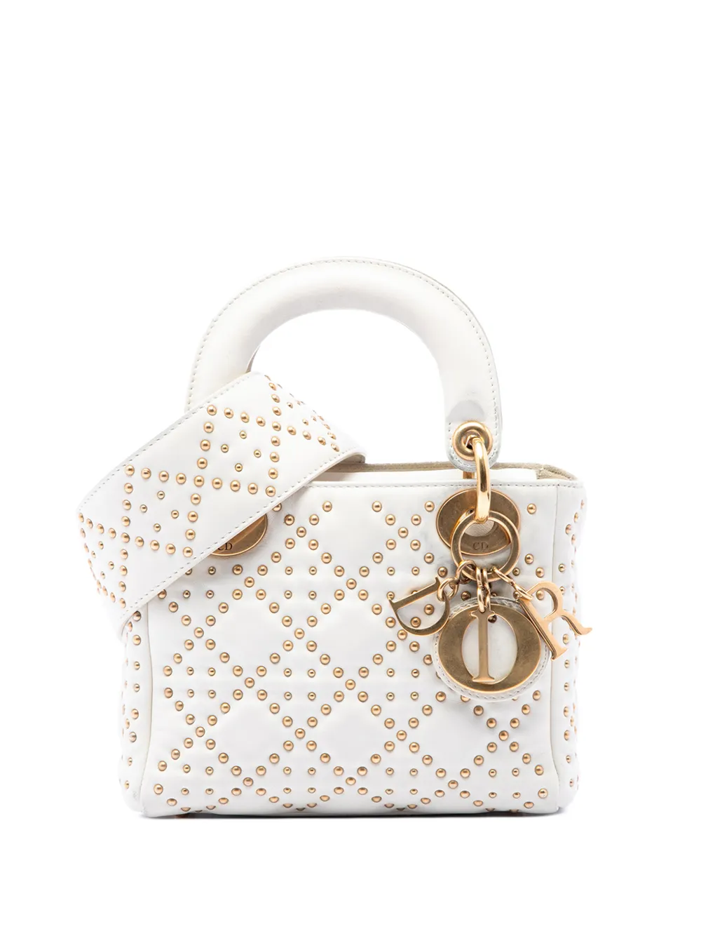 Christian Dior Pre-Owned 2017 Mini Lambskin Cannage Studded Supple Lady Dior satchel - White