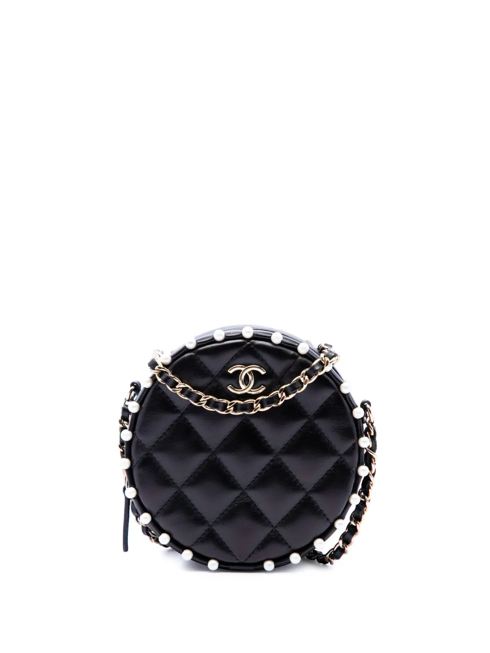 CHANEL Pre-Owned Clutch tonda in pelle di vitello trapuntata con perle e catena 2017 - Nero