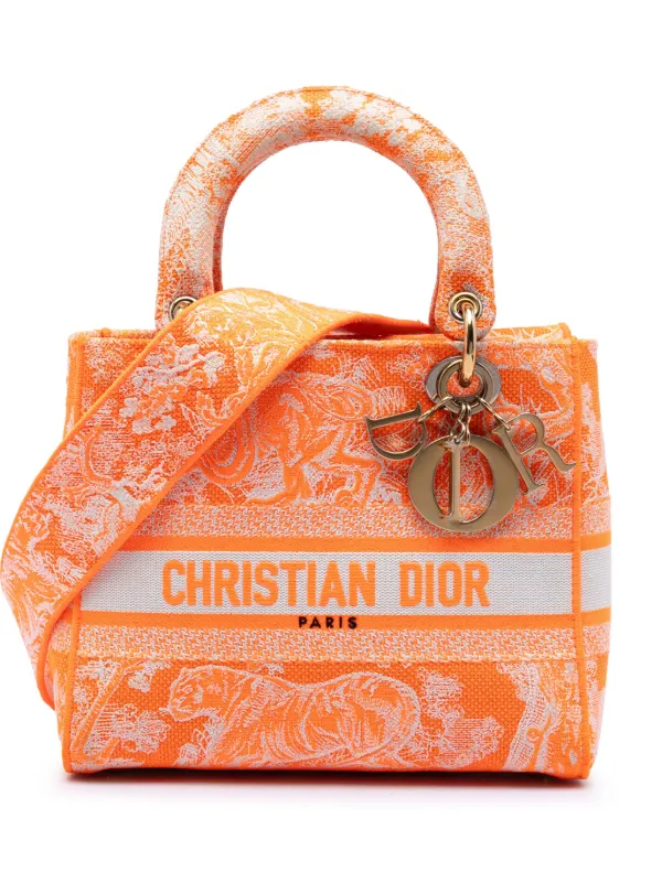 Dior Pre-owned 2022 Medium Embroidered Canvas Toile De Jouy Lady D Lite Satchel in Orange