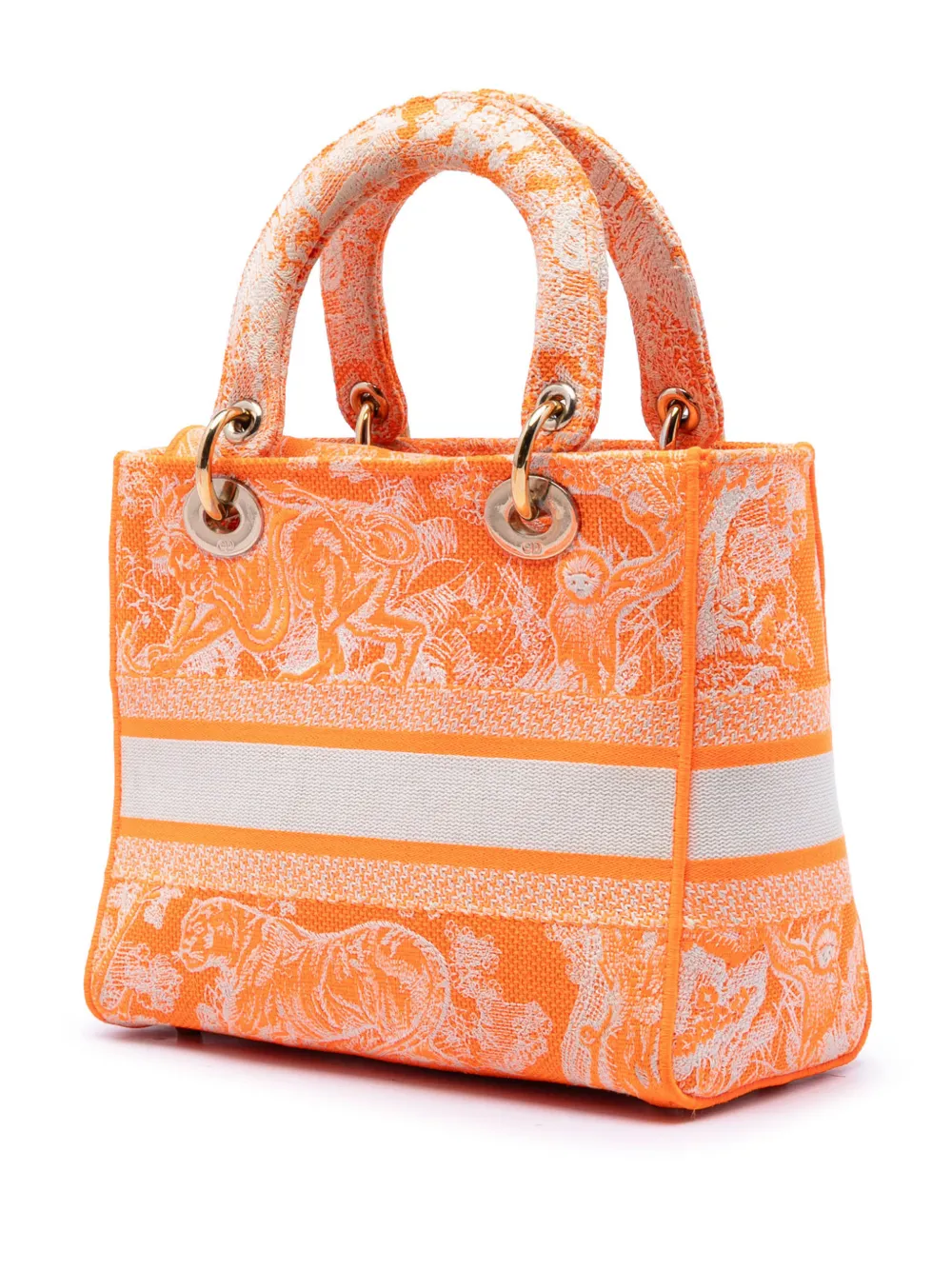 Dior Pre-owned 2022 Medium Embroidered Canvas Toile De Jouy Lady D Lite Satchel in Orange, view 3