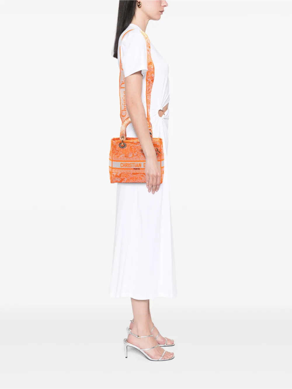 Dior Pre-owned 2022 Medium Embroidered Canvas Toile De Jouy Lady D Lite Satchel in Orange, view 2