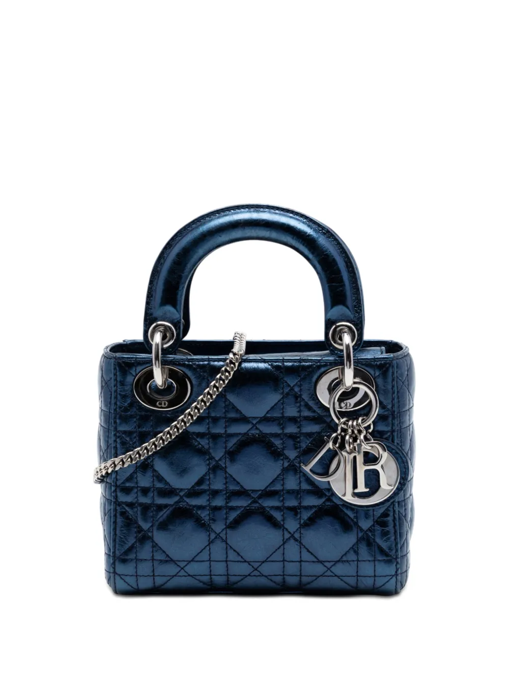 Christian Dior Pre-Owned Borsa a tracolla Lady Dior mini in pelle di vitello metallizzata con motivo Cannage 2016 - Blu