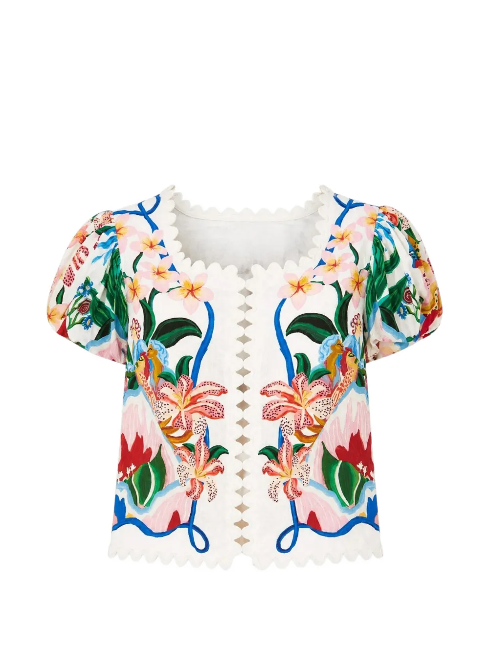 FARM Rio Garden Of Life floral-print scallop-edge top - Bianco