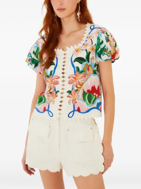 FARM Rio Garden Of Life floral-print scallop-edge top