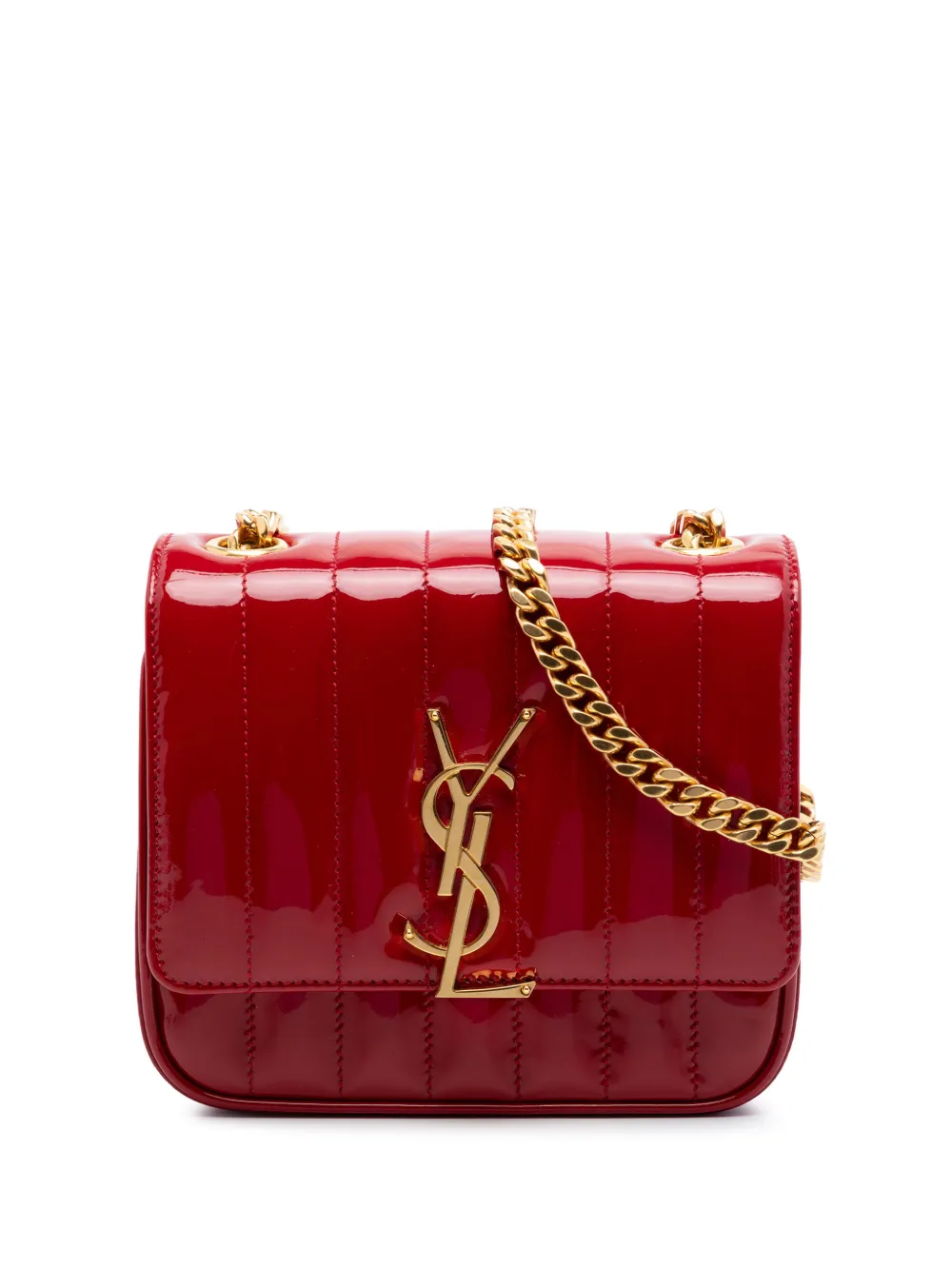 Saint Laurent Pre-Owned Borsa a tracolla Vicky piccola in pelle verniciata con monogramma e catena 2018 - Rosso