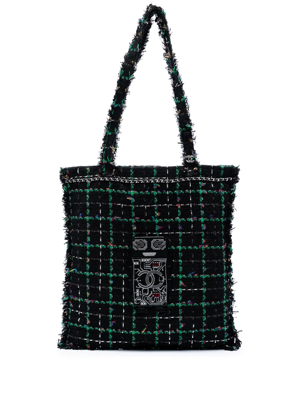 CHANEL Pre-Owned Borsa tote grande in tweed con decorazione robot in resina 2017-2018 - Nero