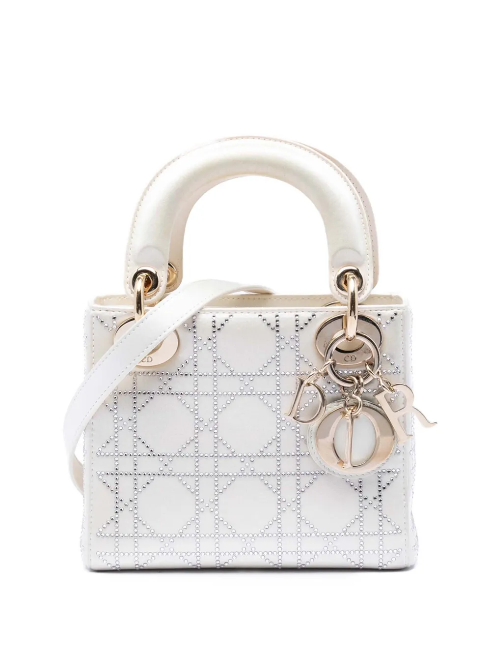 Christian Dior Pre-Owned Borsa a tracolla Lady Dior mini in raso con motivo Cannage e cristalli 2014 - Bianco