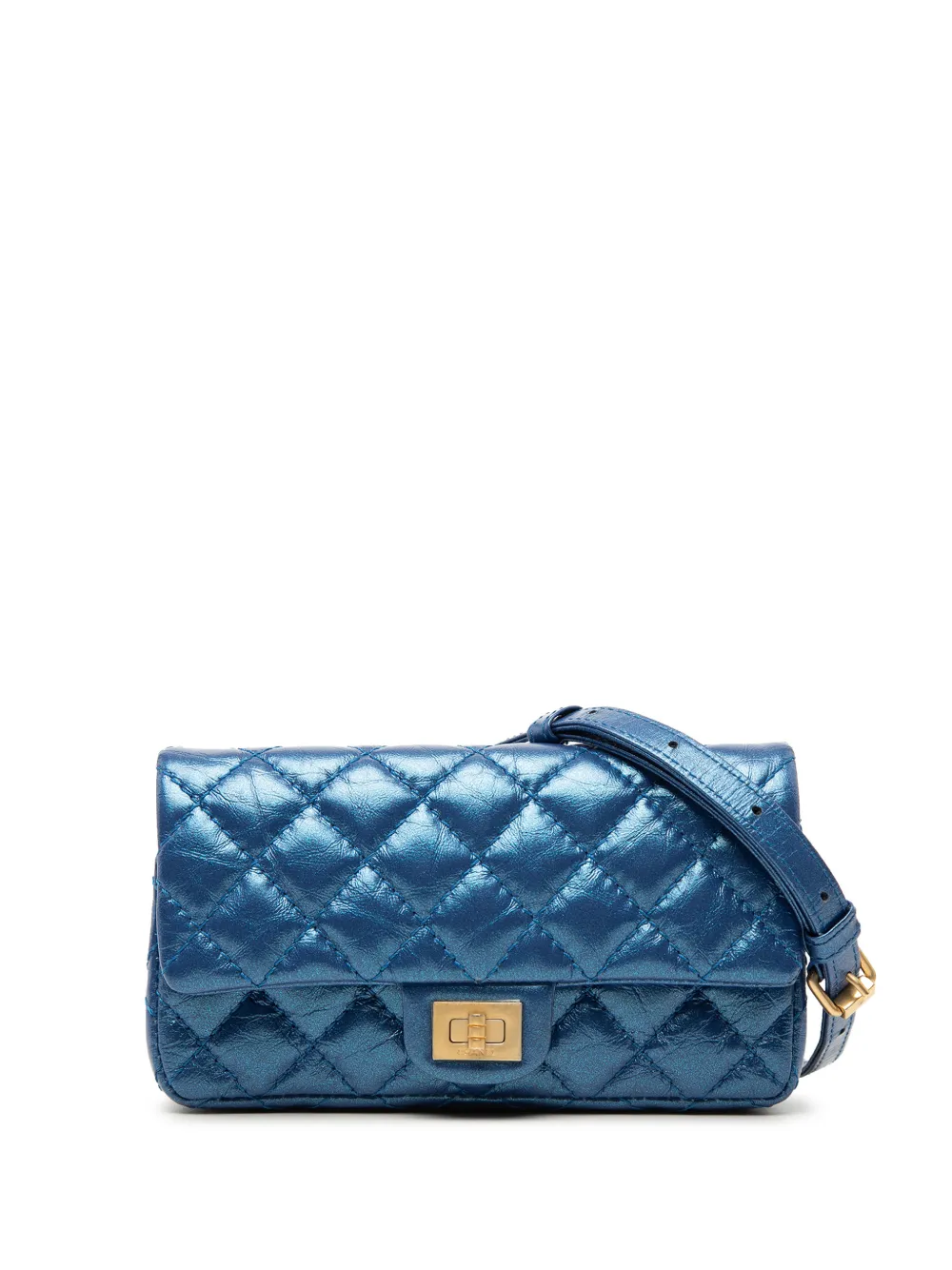 Pre-owned Chanel 2019 Quilted Metallic Aged Calfskin Reissue 2.55 Belt Bag In Blue