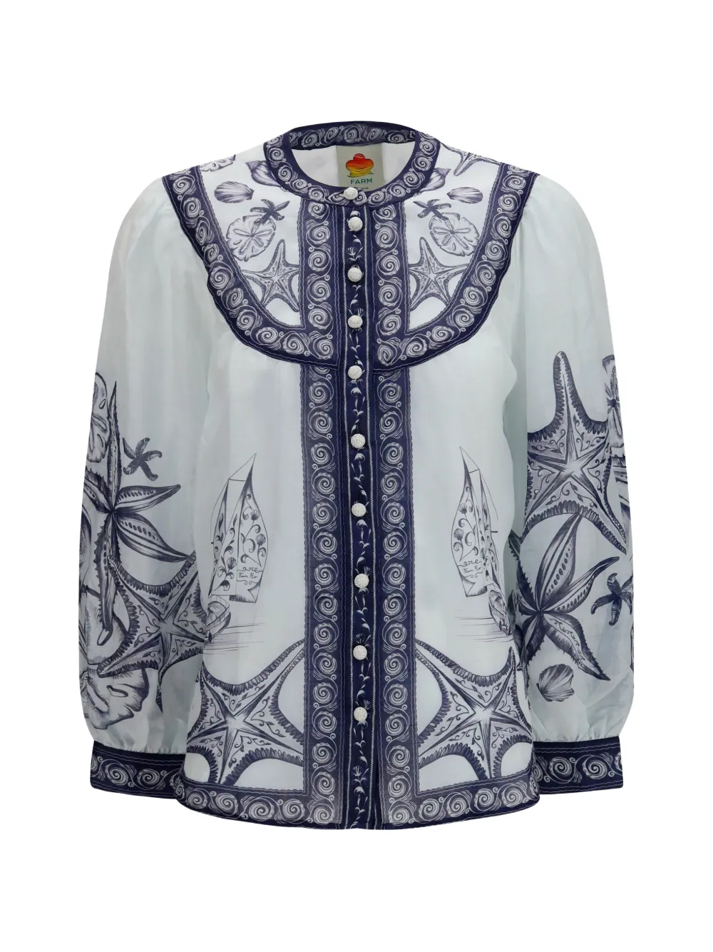 FARM Rio seaside-print ramie long-sleeve shirt - Bianco