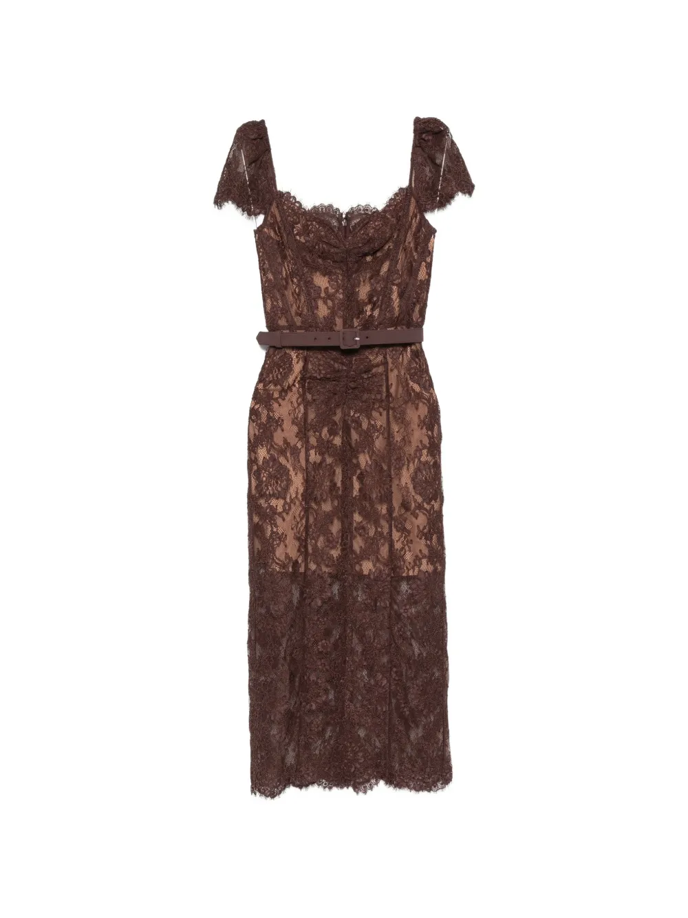 Self-Portrait lace-overlay cap-sleeve midi dress - Marrone