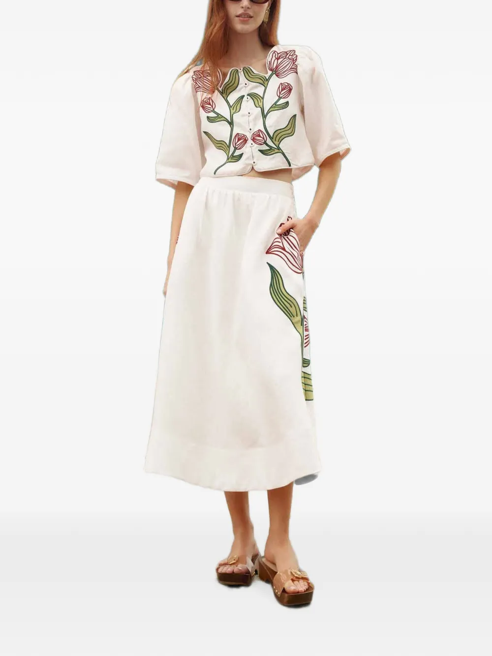 FARM Rio Midi-rok met geborduurde bloemen Wit