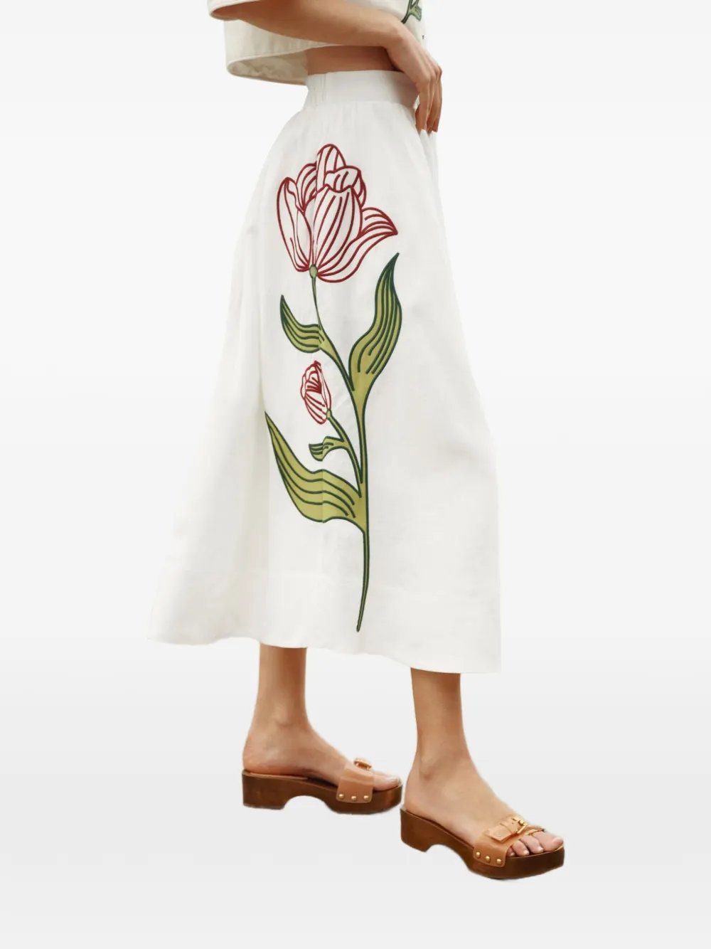 FARM Rio floral-embroidered midi skirt