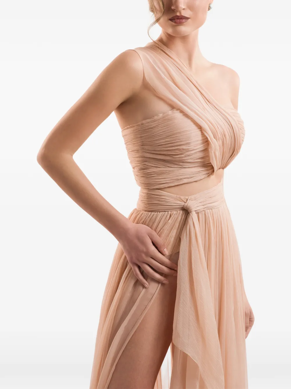 IMROSKA pleated one-shoulder top and flowing maxi skirt set - Toni neutri