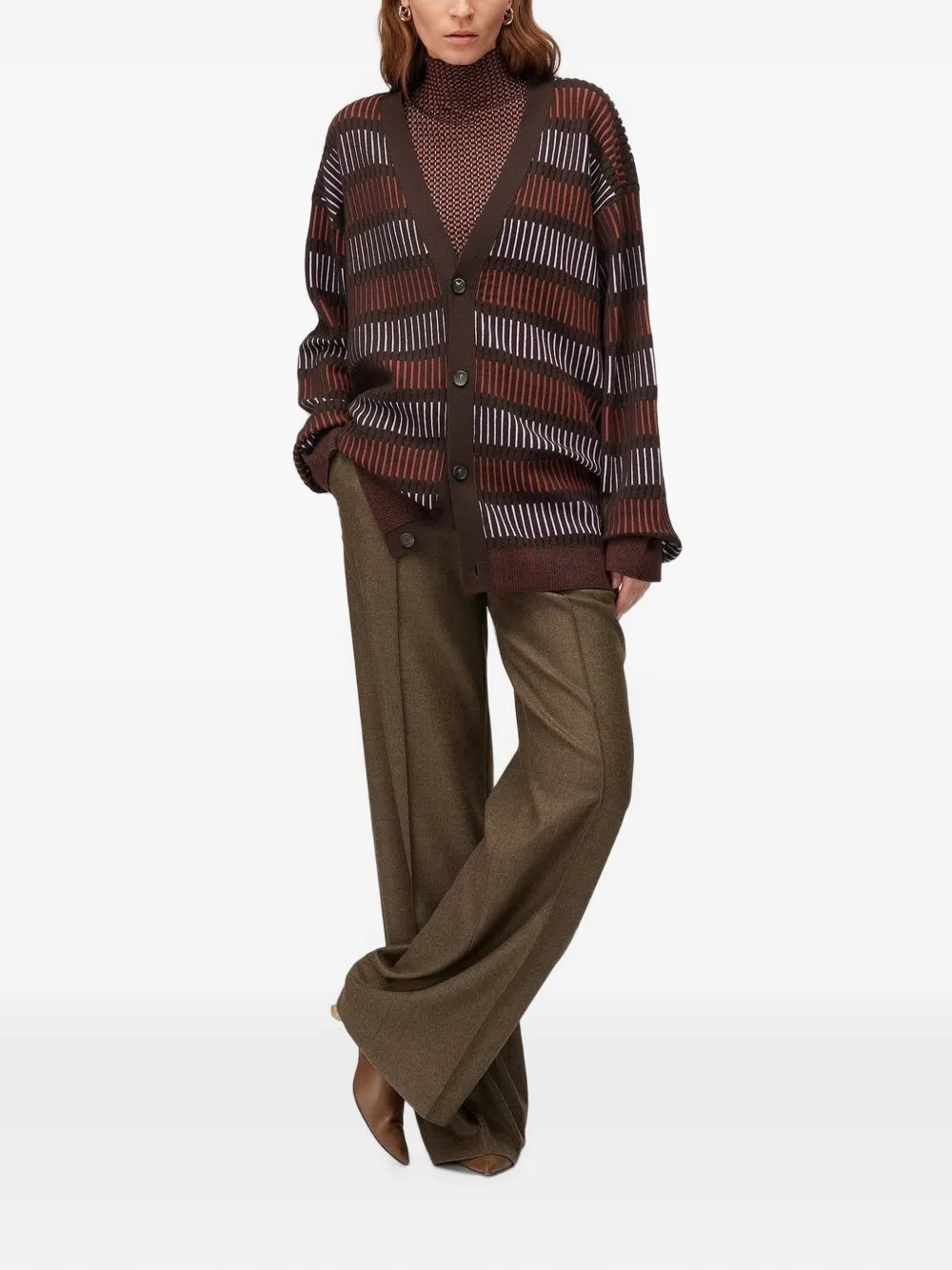 RETORI Windows Long vest met geometrisch patroon en V-hals Bruin