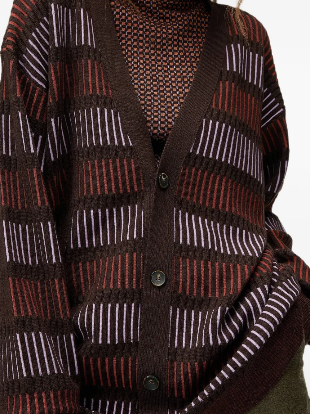 RETORI Windows Long vest met geometrisch patroon en V-hals Bruin