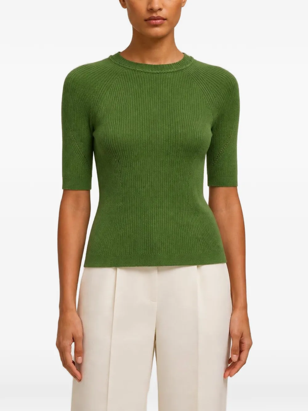 RETORI Ribgebreid kasjmier T-shirt met gehaakt detail Groen