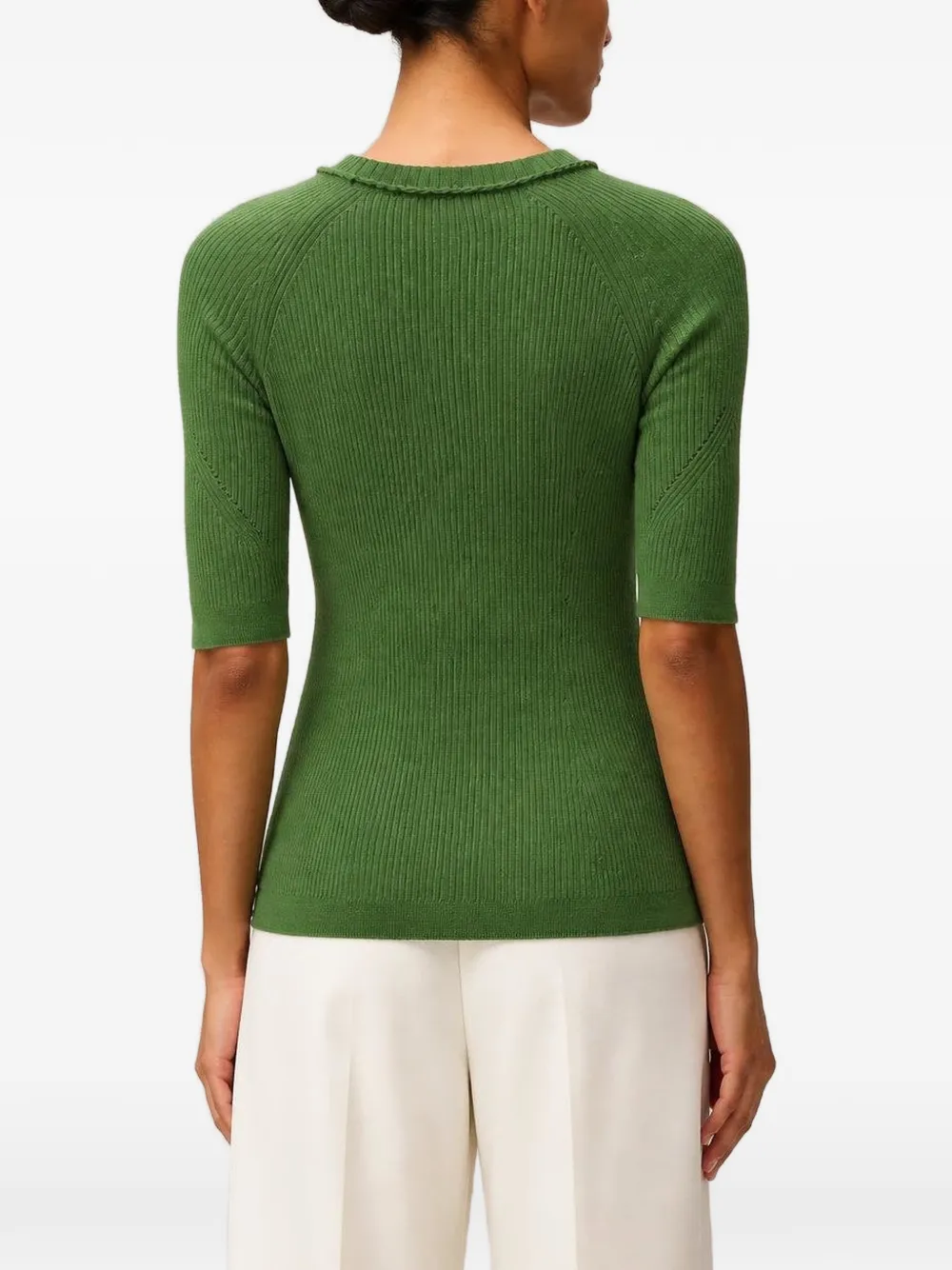 RETORI Ribgebreid kasjmier T-shirt met gehaakt detail Groen