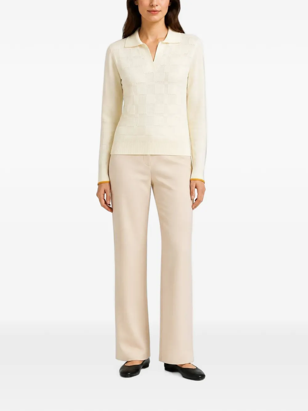 RETORI Gebreid poloshirt met jacquard en lange mouwen Beige