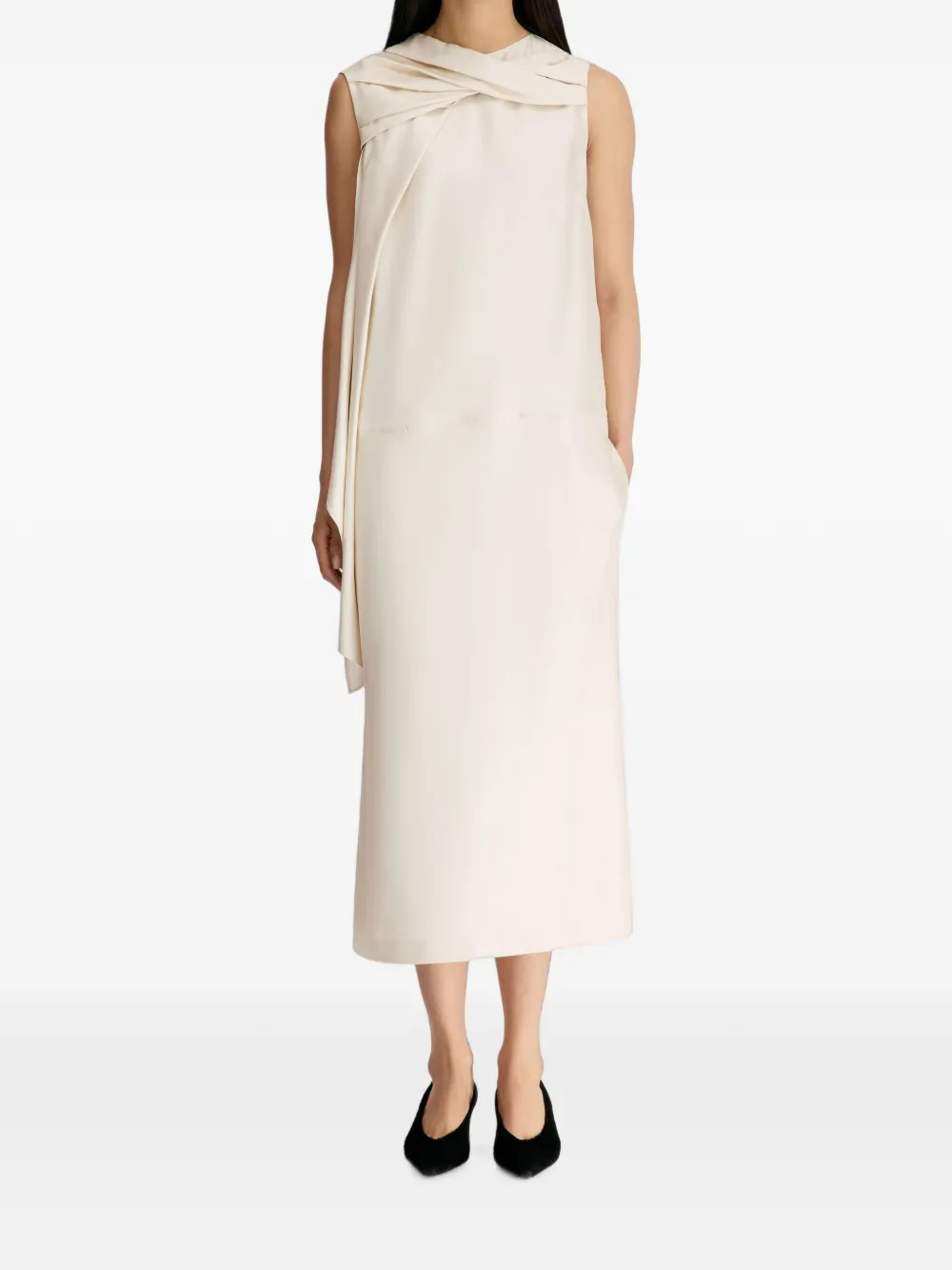 LouLou de Saison Izia gedrapeerde zijden-twill jurk Beige