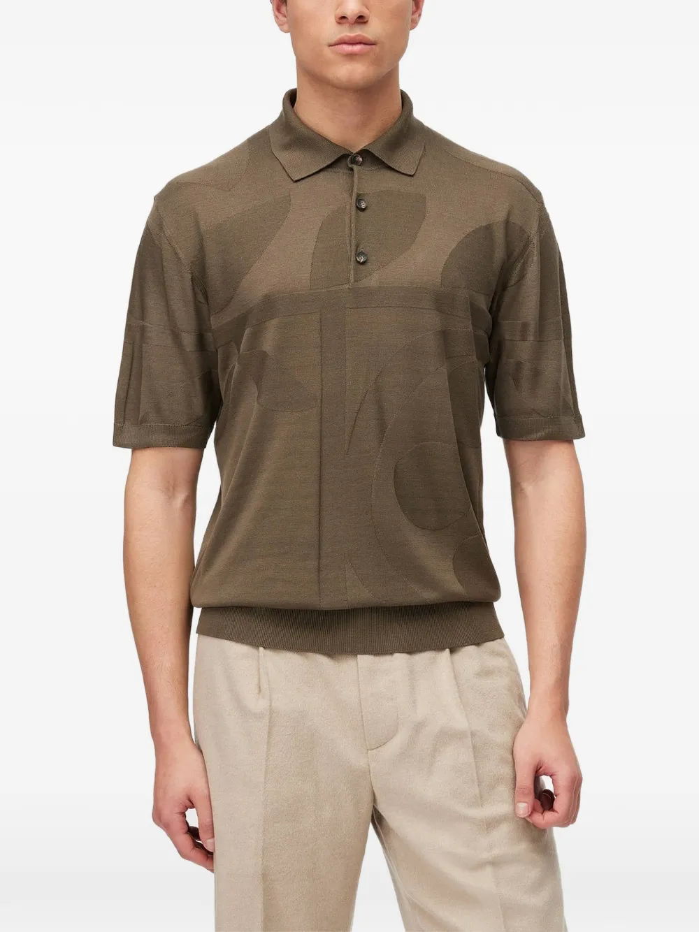 RETORI Zijden poloshirt met botanisch patroon Bruin