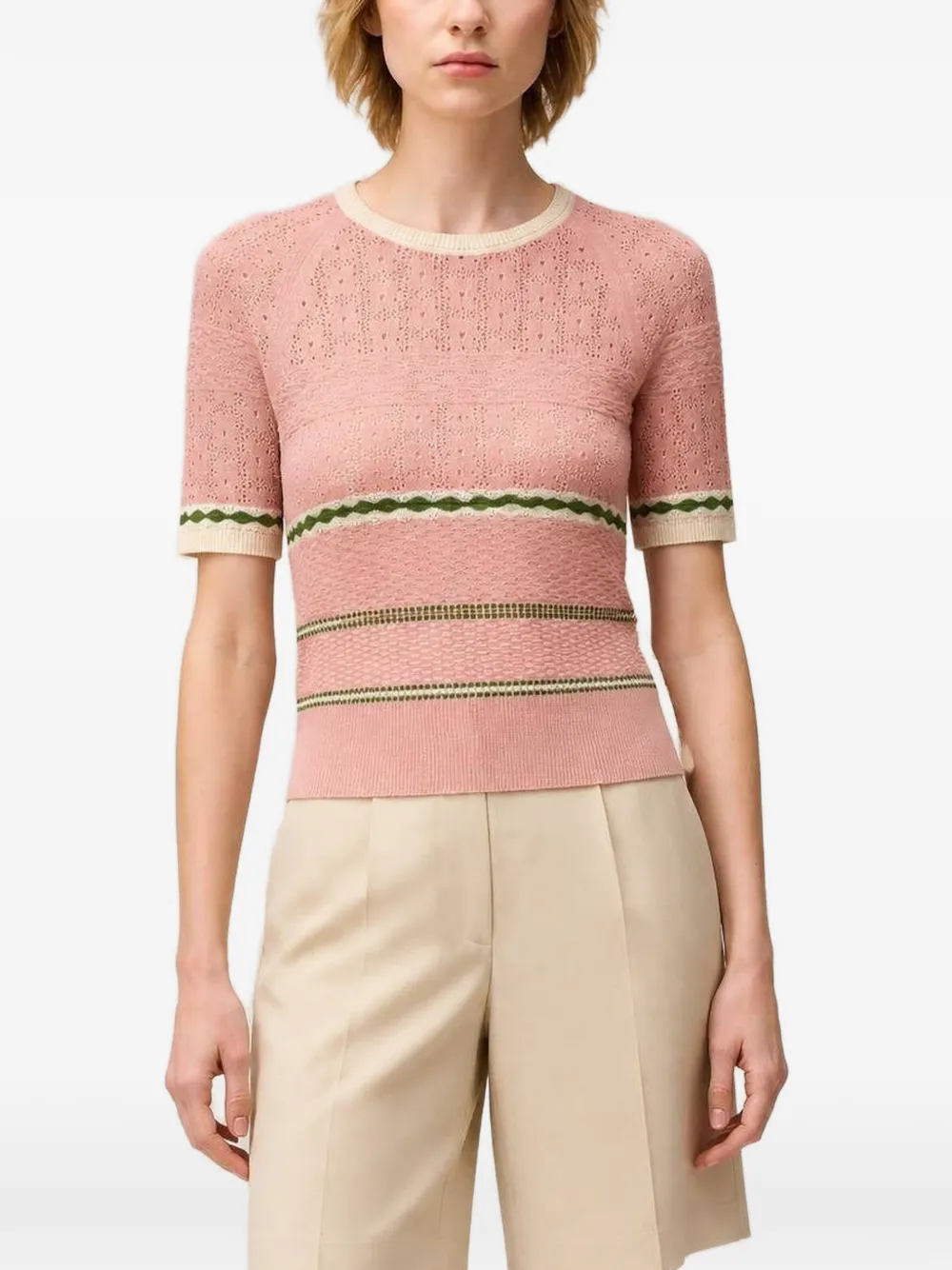 RETORI Gestreept T-shirt met bloemenstiksels Roze