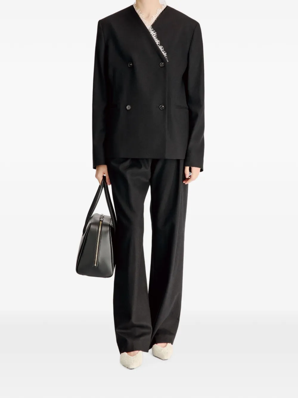LouLou de Saison Leandra blazer met dubbele rij knopen en kanten afwerking Zwart