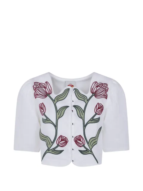 FARM Rio floral-embroidered puff-sleeve top