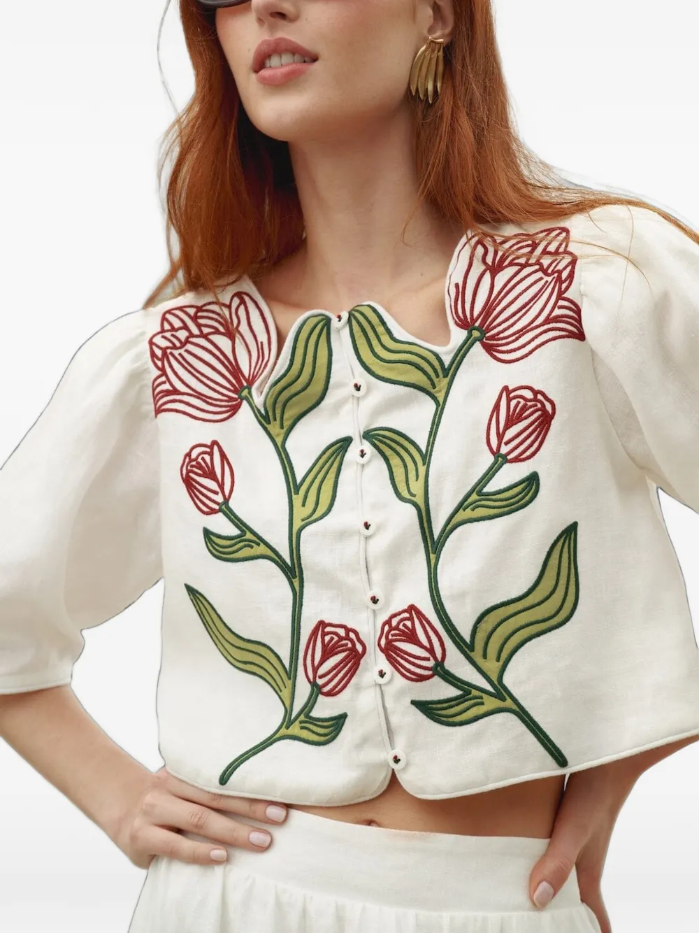 FARM Rio Top met pofmouwen en geborduurde bloemen Wit