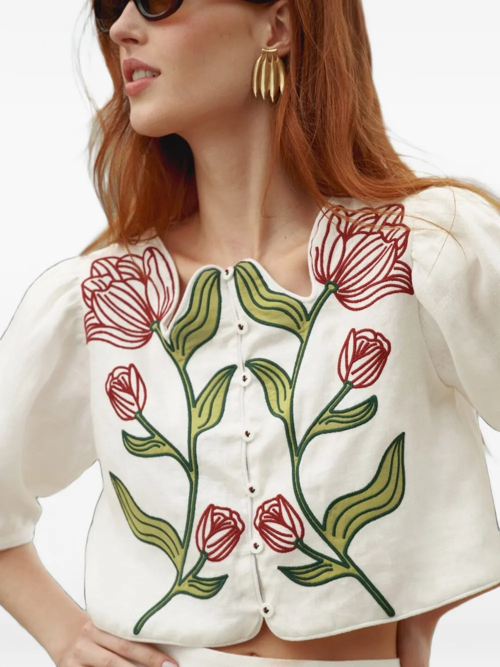 FARM Rio Top met pofmouwen en geborduurde bloemen Wit
