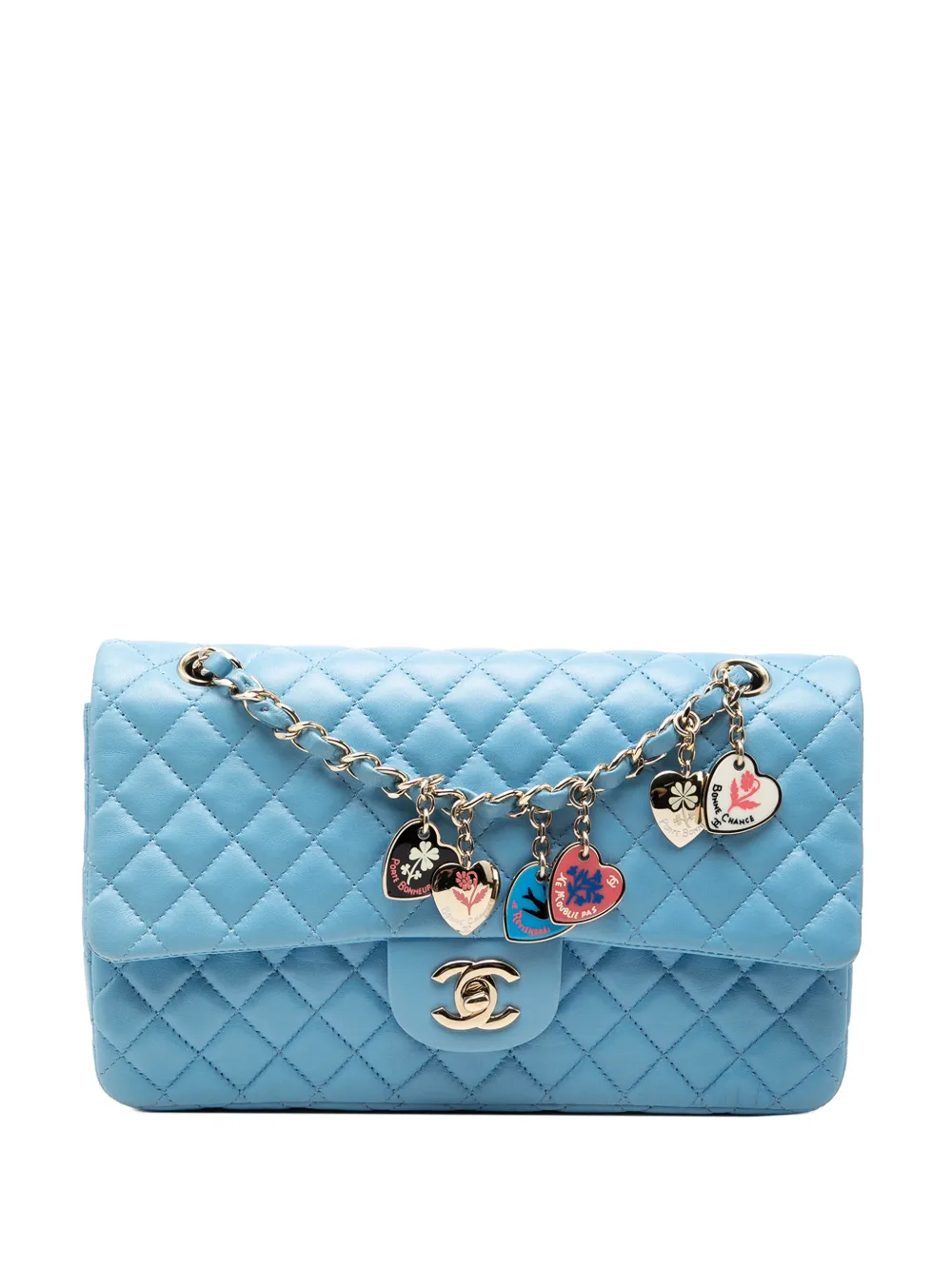 Pre-owned Chanel 2008-2009 Medium Classic Lambskin Valentines Heart Charms Single Flap Shoulder Bag In Blue