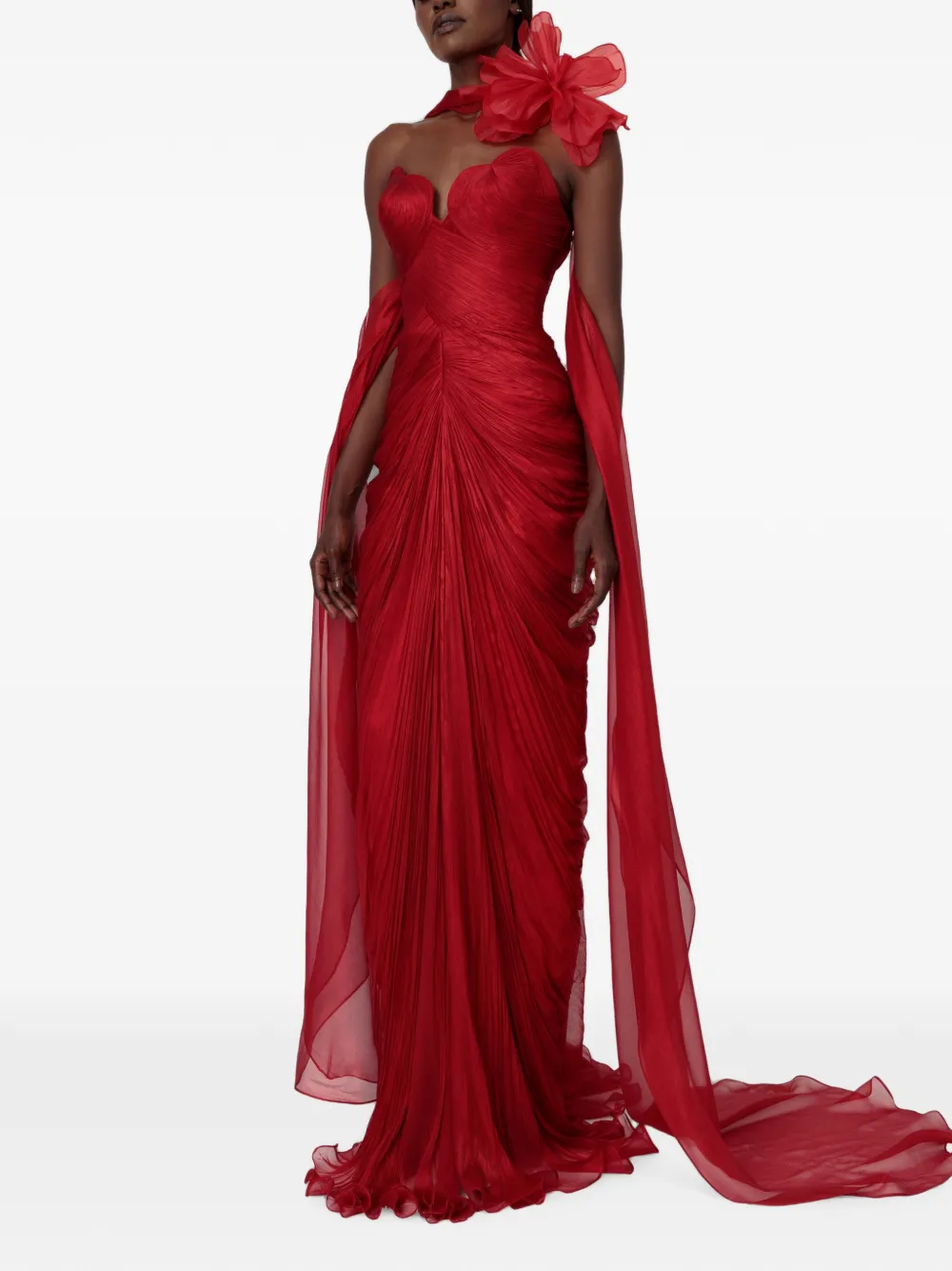 Iris Serban Maxi-jurk met ruches en bloemendetail Rood