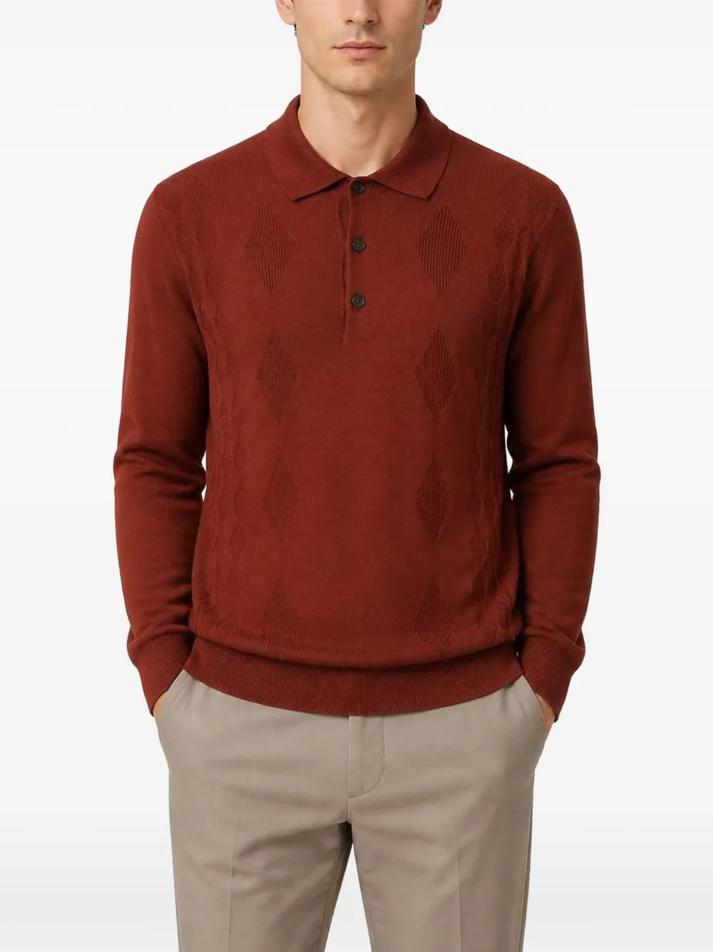 RETORI Wollen poloshirt met lange mouwen en argyle-stiksels Bruin
