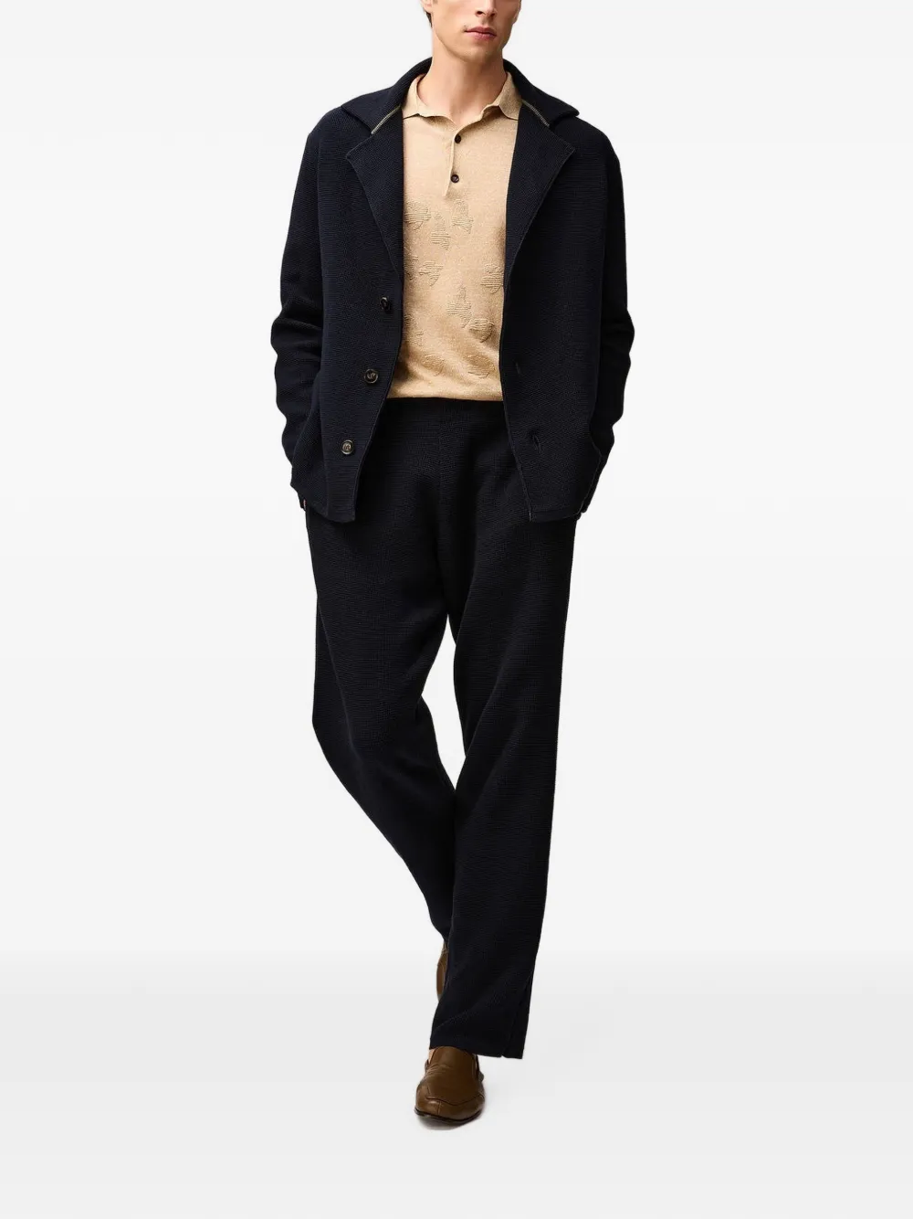 RETORI Poloshirt met Ottoman-stiksel en vogelpatroon Beige