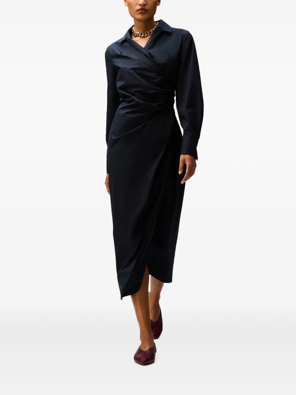 RETORI Katoenen-midi-jurk met lange mouwen en gedrapeerde voorkant Blauw