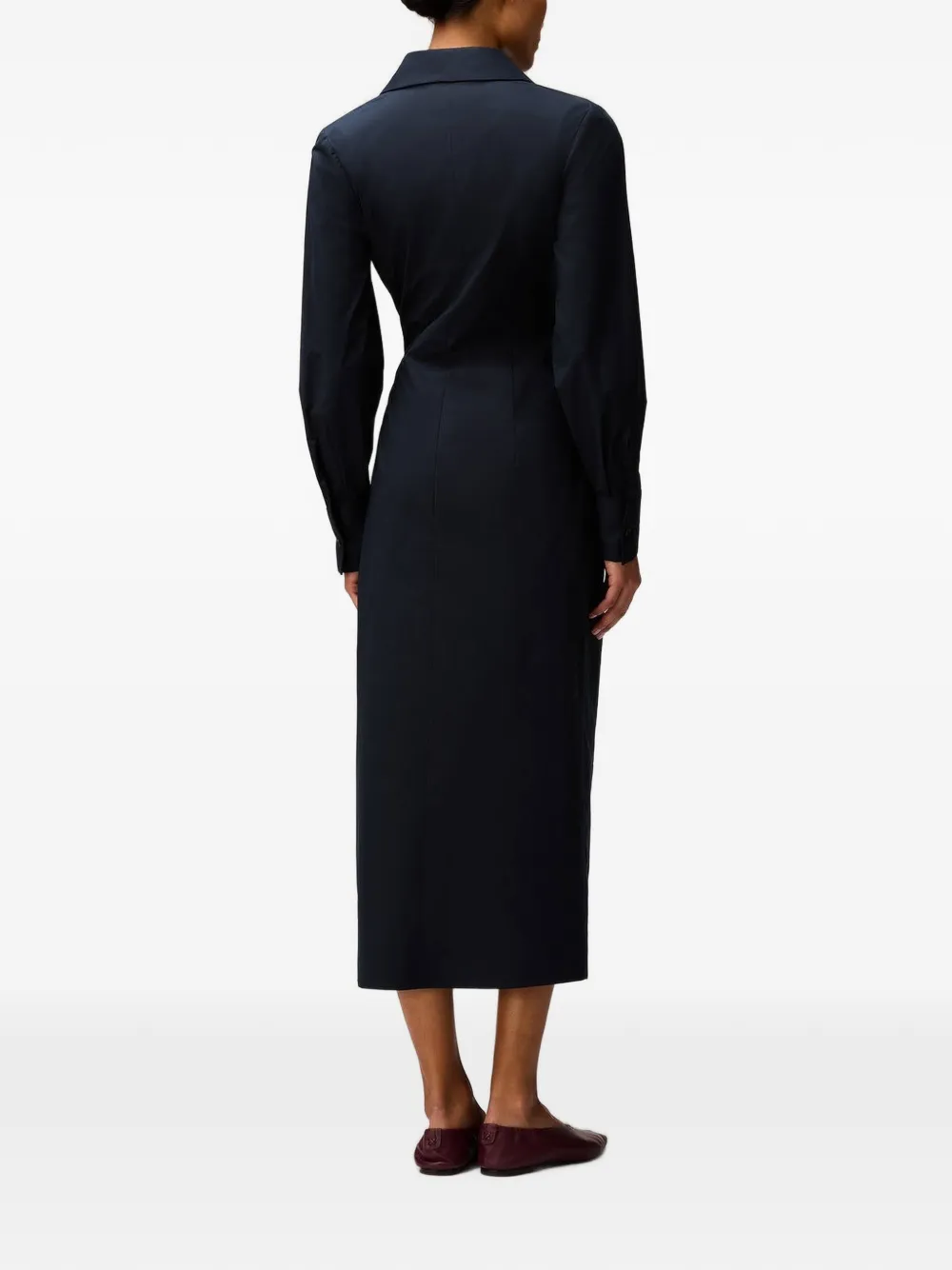 RETORI Katoenen-midi-jurk met lange mouwen en gedrapeerde voorkant Blauw