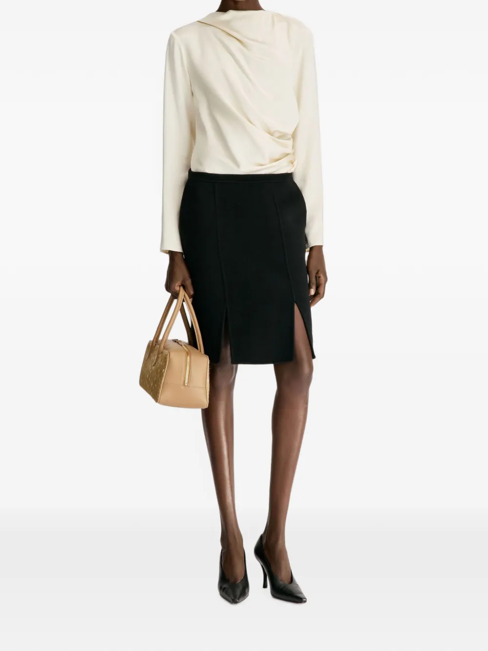 LouLou de Saison Judy wollen straight midi-rok met dubbele split Zwart