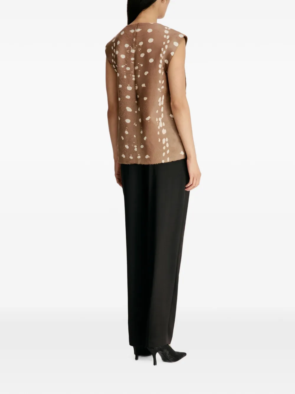 LouLou de Saison Kena mouwloze leren blouse met hertenprint Bruin