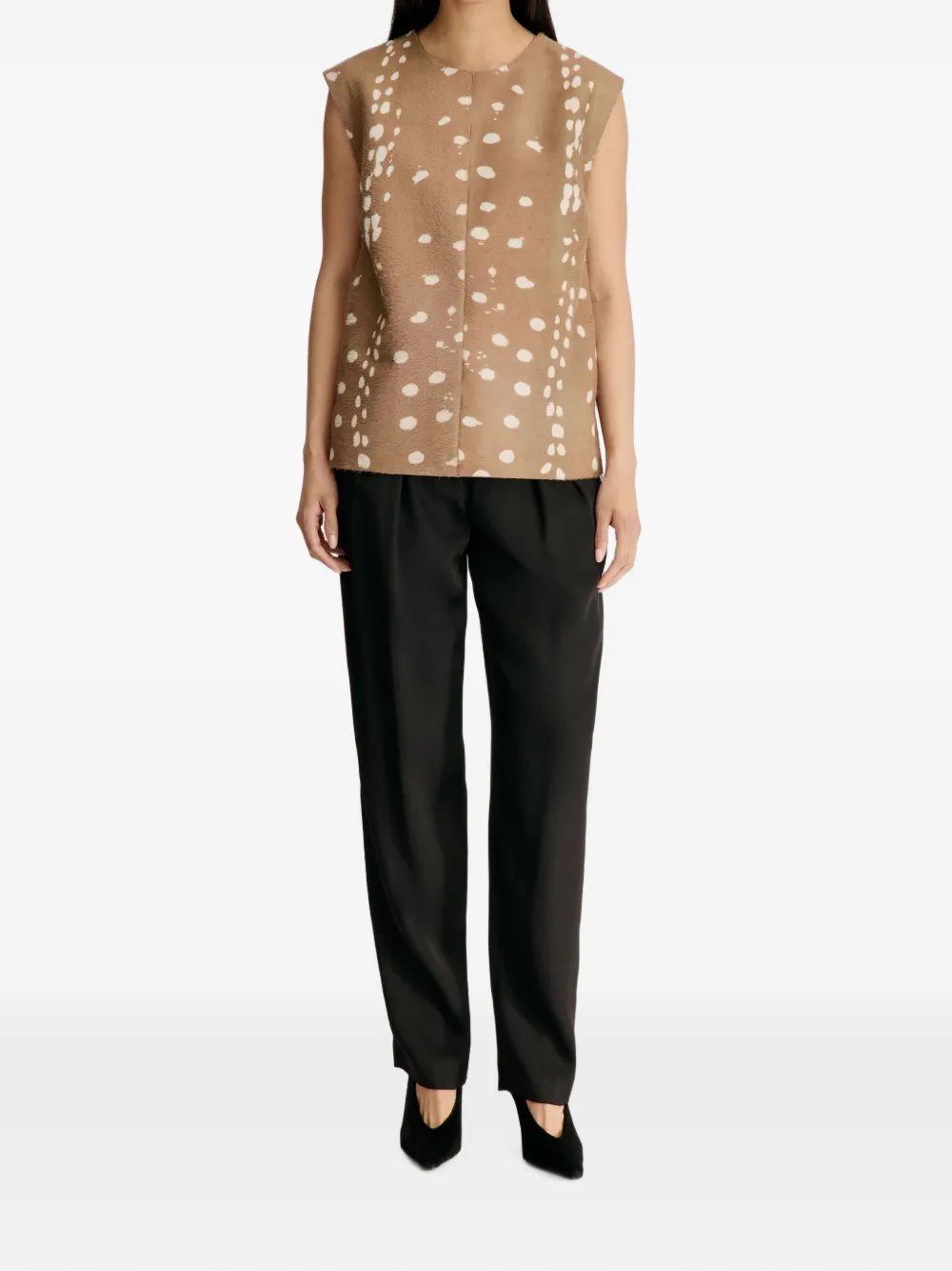 LouLou de Saison Kena mouwloze leren blouse met hertenprint Bruin