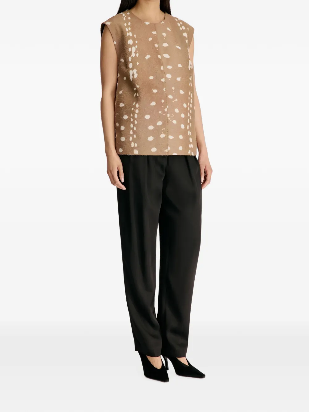 LouLou de Saison Kena mouwloze leren blouse met hertenprint Bruin