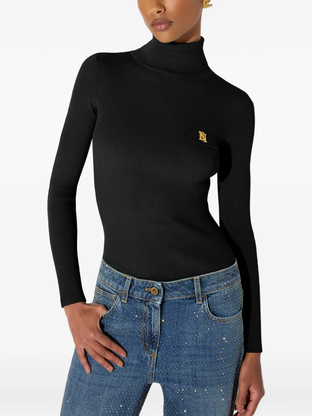 Elisabetta Franchi Ribgebreide coltrui met logo Zwart