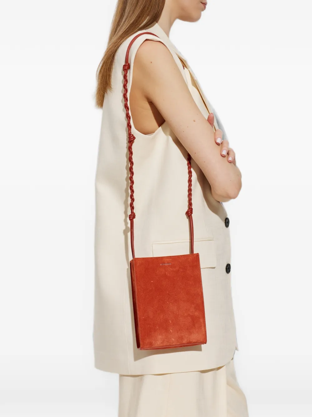 Jil Sander Tangle suède mini-schoudertas met gevlochten band Oranje